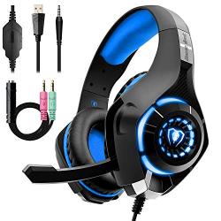 Gaming Headset for PS4 Xbox One, Over-Ear Gaming Headphones with Noise Reduction Mic Volume Control LED Light for PC PS5 Laptop Mac Tablet Smart Phone